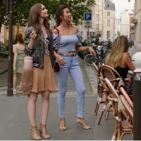 ASO Emily In Paris, Baby Blue Off-The-Shoulder Zara Ruffle Top, size Small - Picture 5 of 11